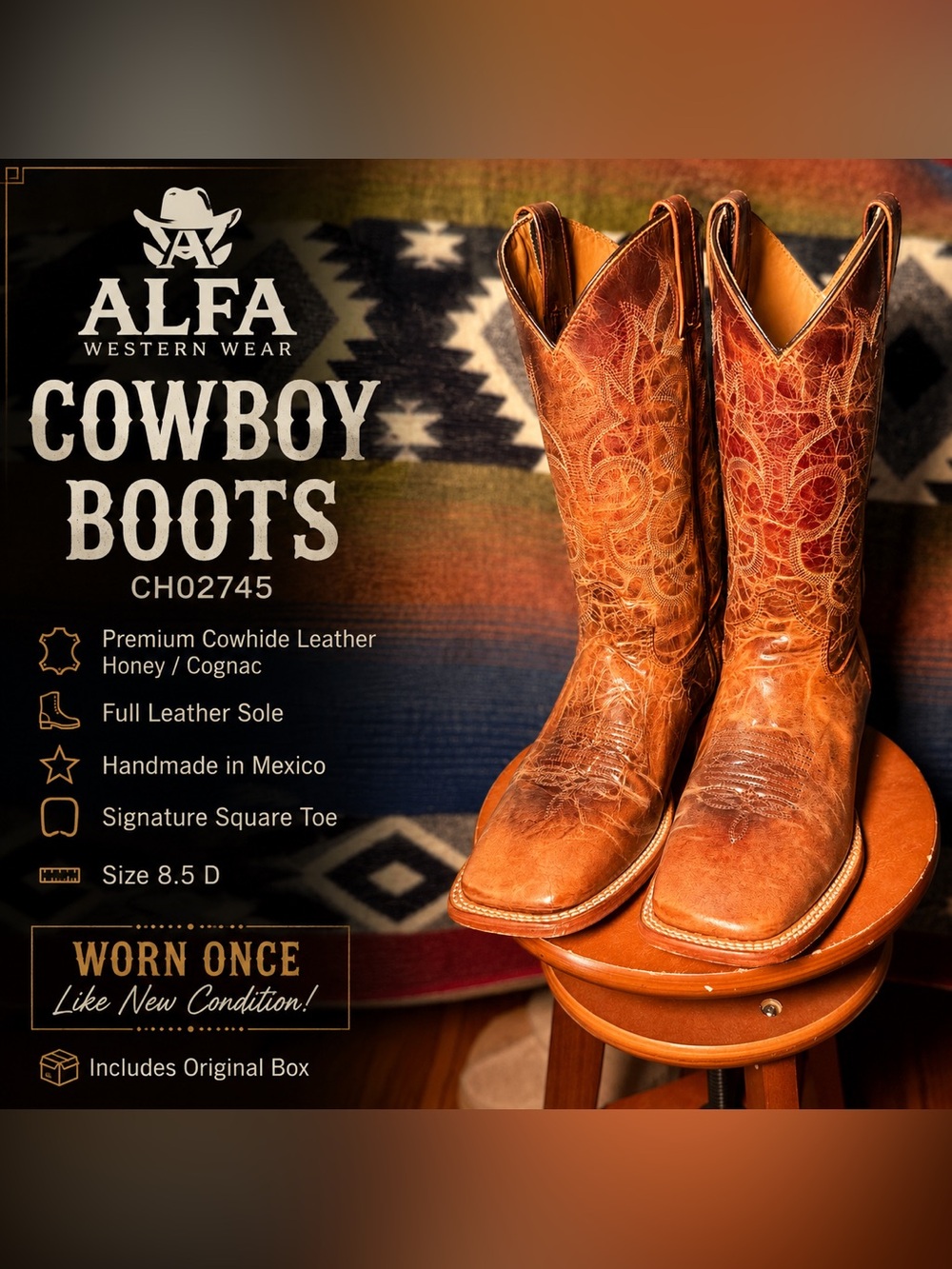 Alfa Western Wear Men’s Cowhide Honey/Cognac Cowboy Boots with tags and orig box